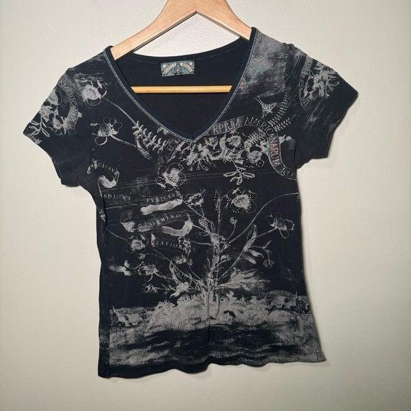 Vintage Y2K v neck tee shirt glam M punk goth botanical - Picture 3 of 6